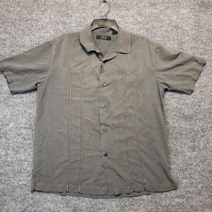 Axis La Mens Embroidery Casual Silk Button Shirt Short Sleeves Gray Size Medium